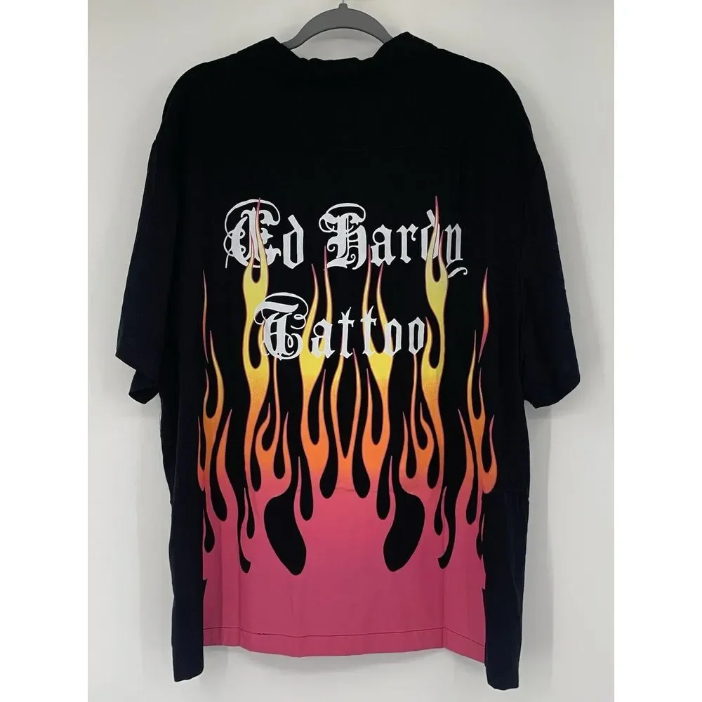 Ed Hardy NWT Tattoo Black Fire Heart Short Sleeve Button Up Men's Shirt Size Sm‎